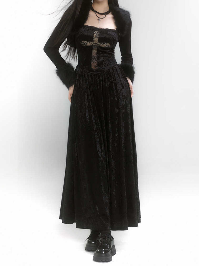 Goth Cross velvet Dark Coquette Dress