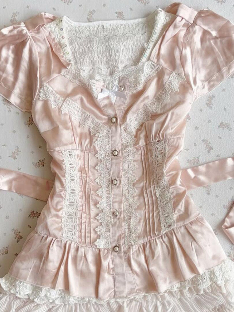 French Vintage Lace Panel V-Neck Puff Sleeve Cinched Waist Blouse