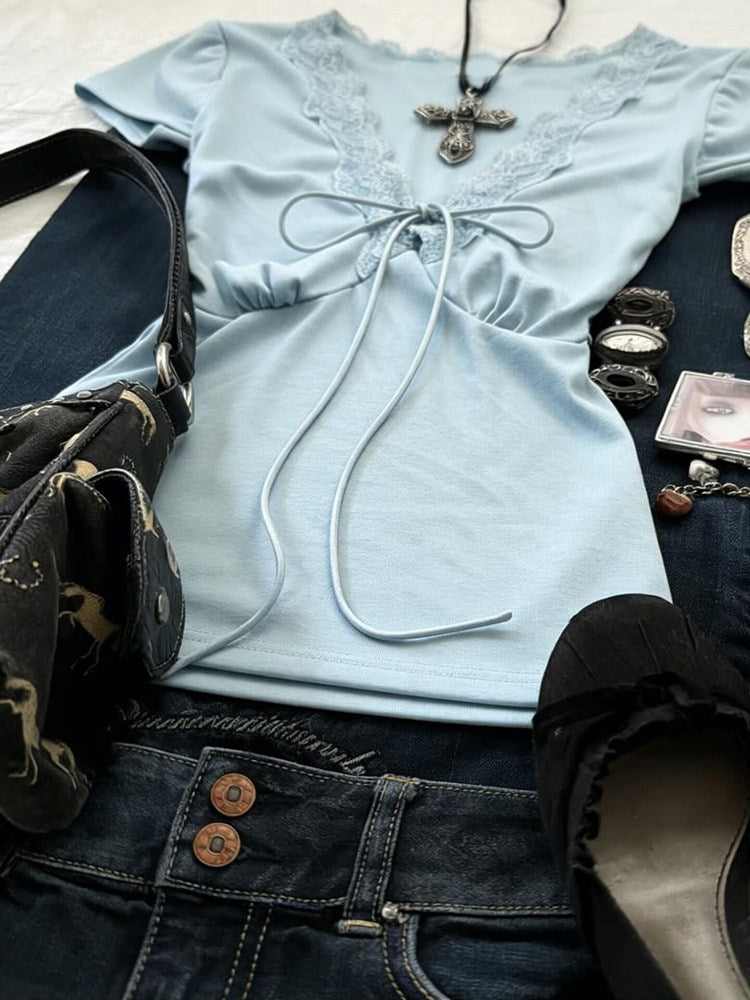 retro blue lace trim shirt