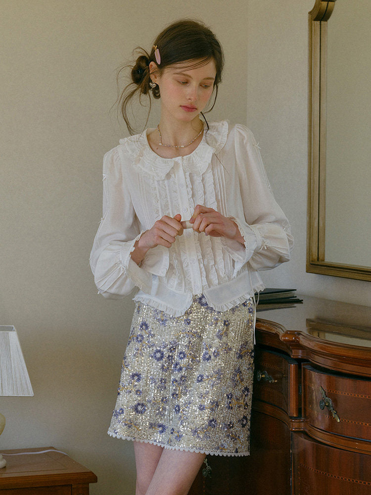 Tweed-style Heavy Embellished Floral Sequined Skirt