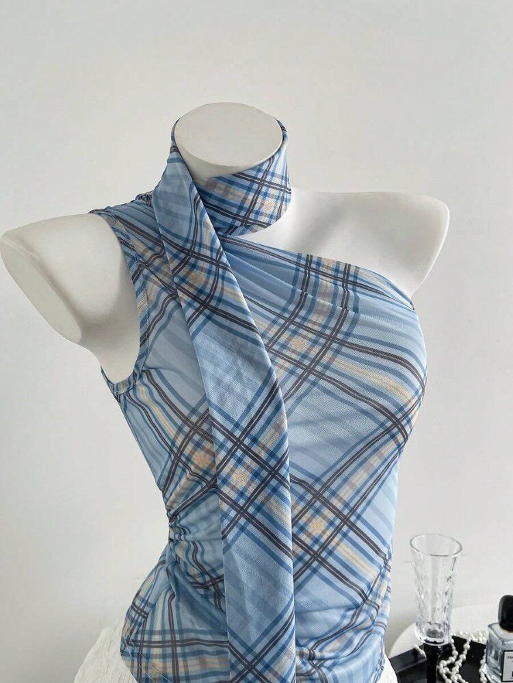 Plaid Halter Top with Flowing Ties