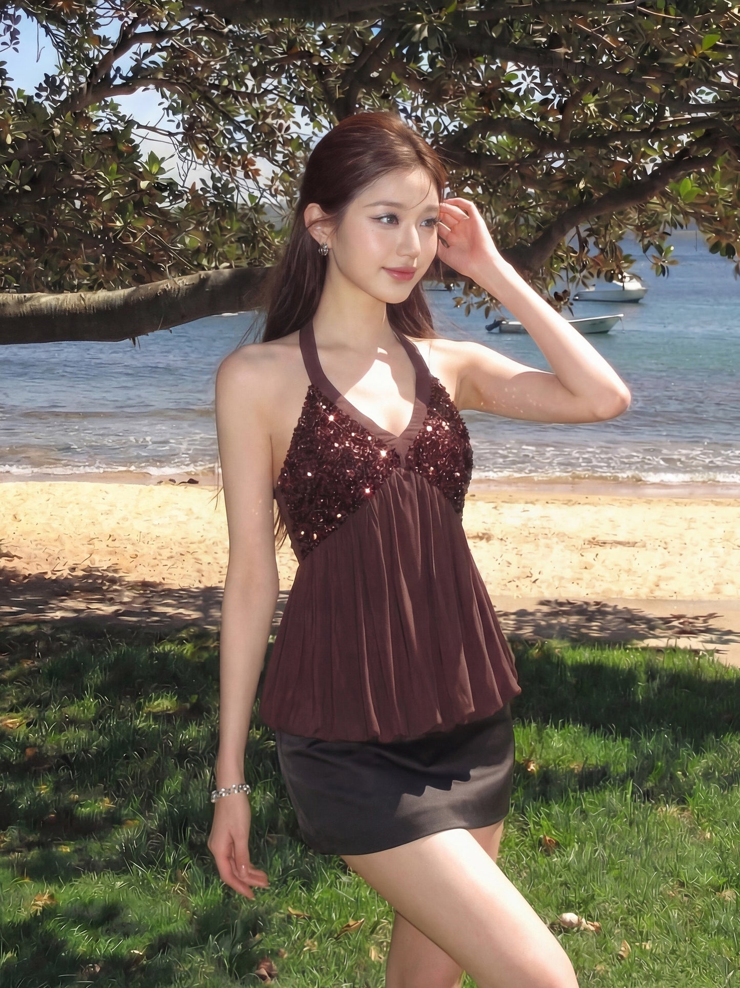 Y2K Sequin Draped Halter V-Neck Top