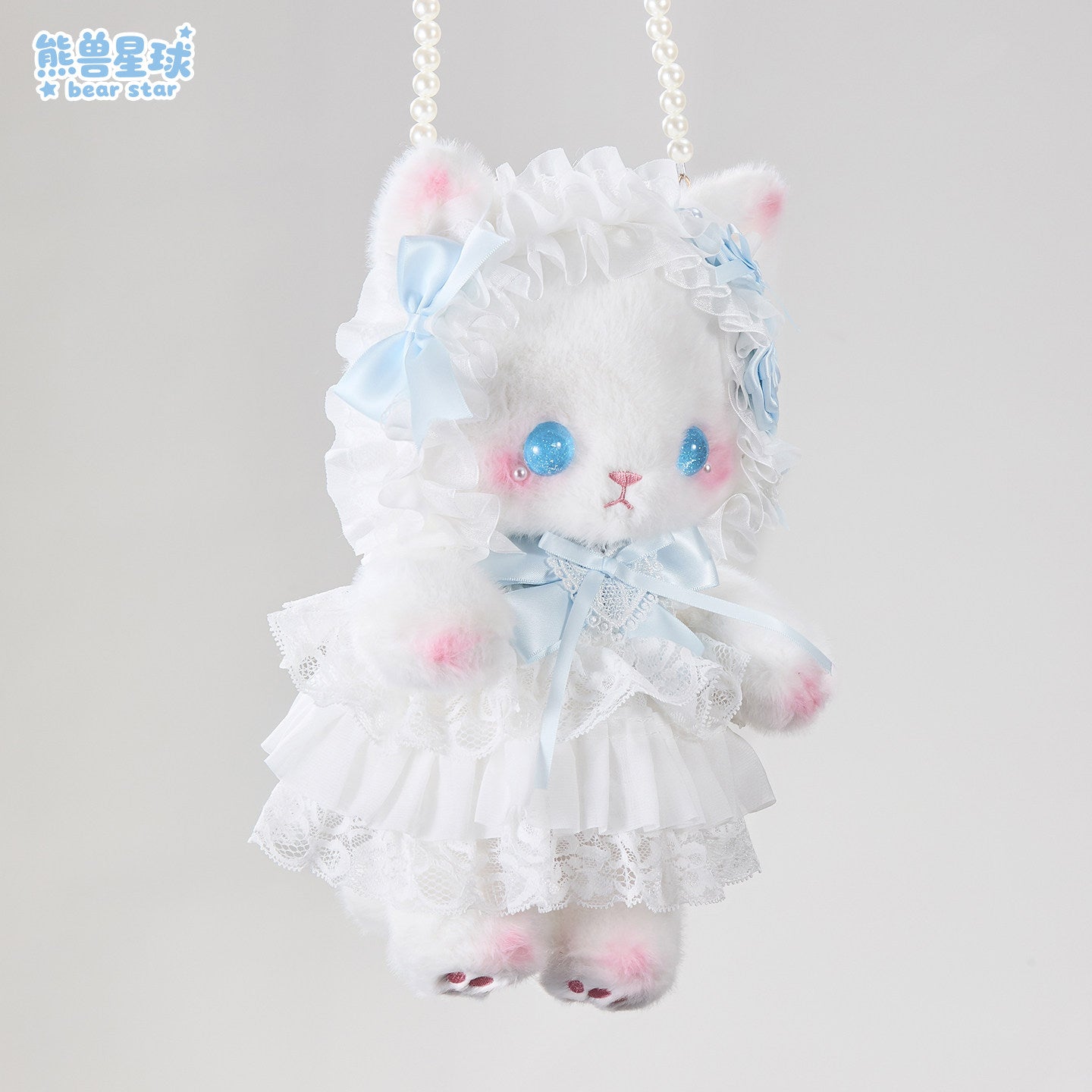 baby blue bow kitty plush pearls bag