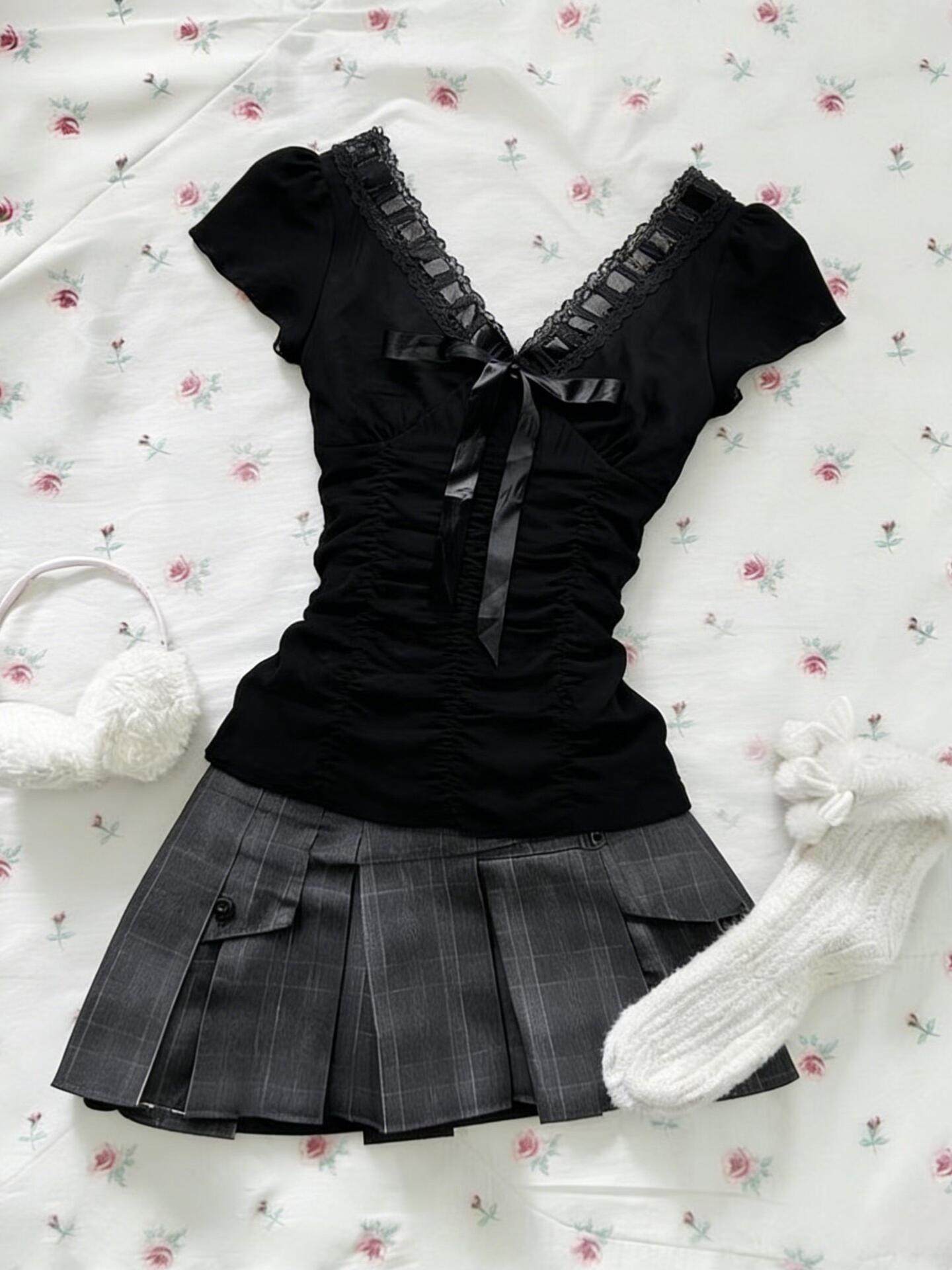dark coquette bow lace shirt