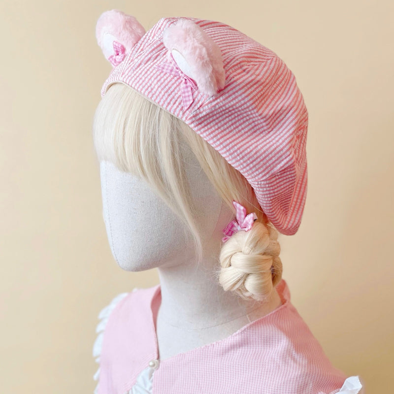 pink handmade plush bear ears beret