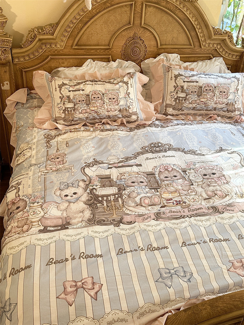 Little Bear Tea Party lolita washed cotton sheet four-piece set