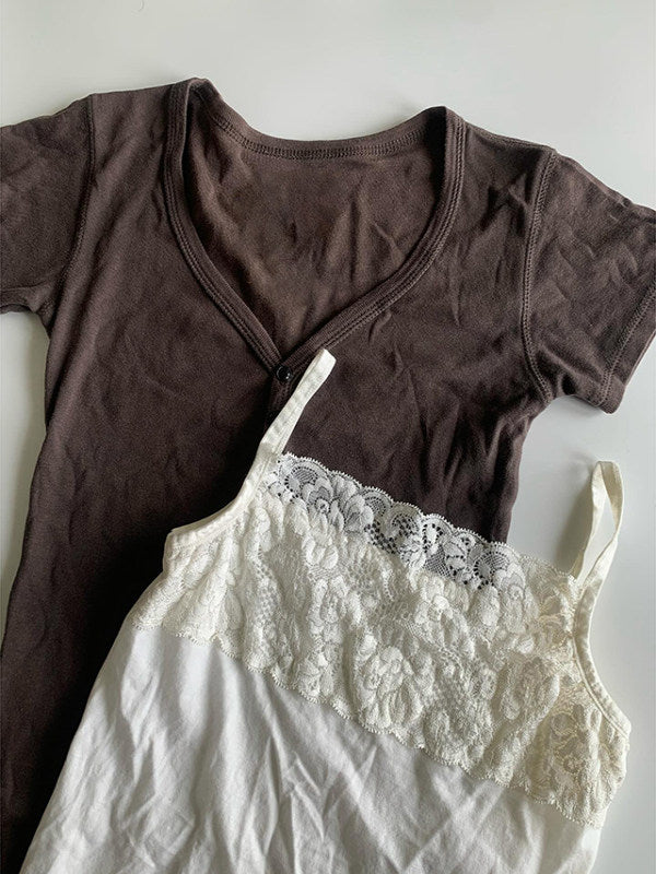 brown lace v-neck shirt