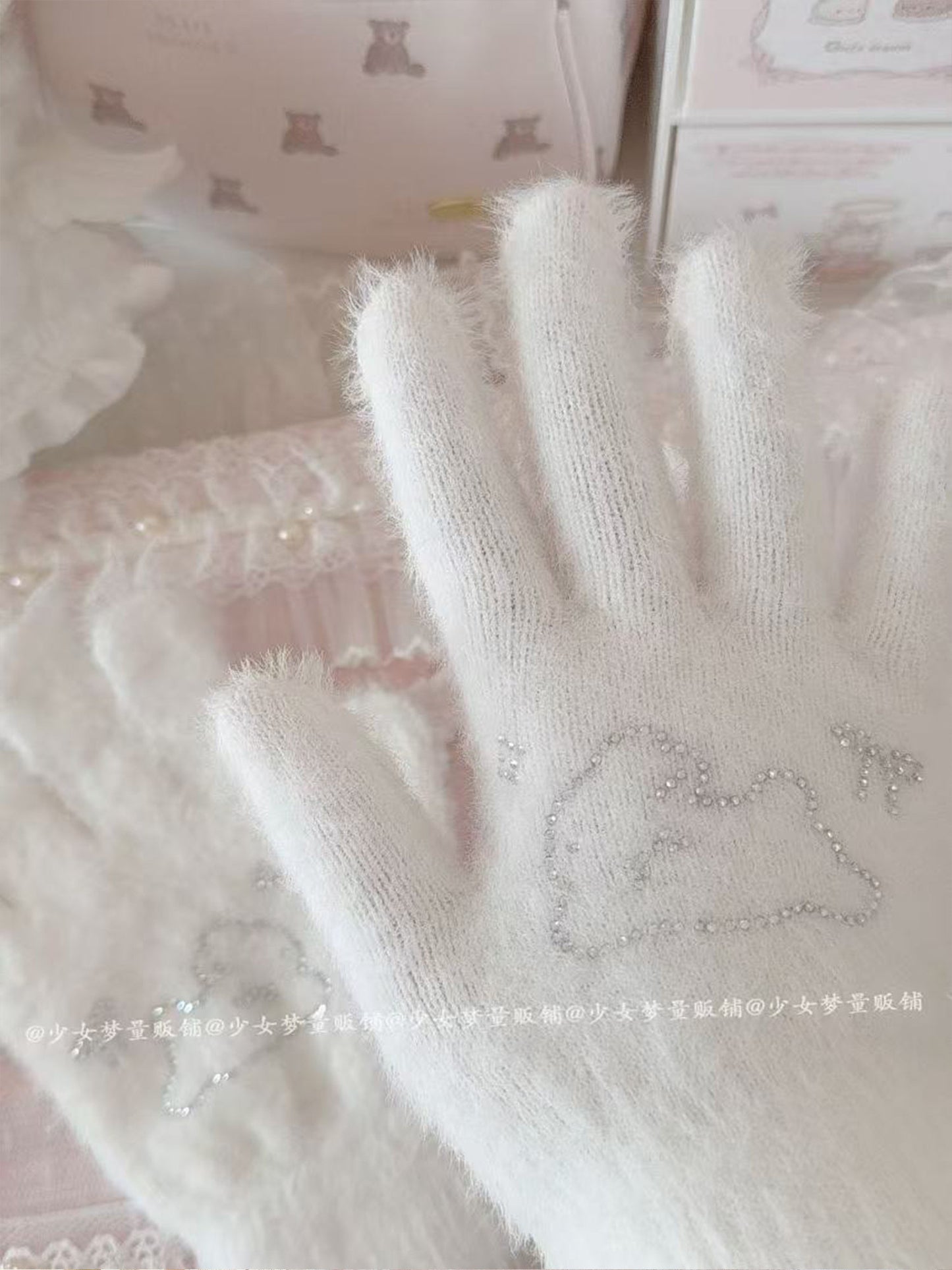 Cute Rhinestone Bunny Fingered Plush Gloves