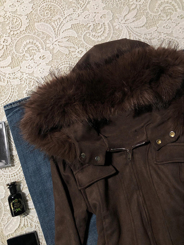 retro niche Maillard fur collar hooded short coat