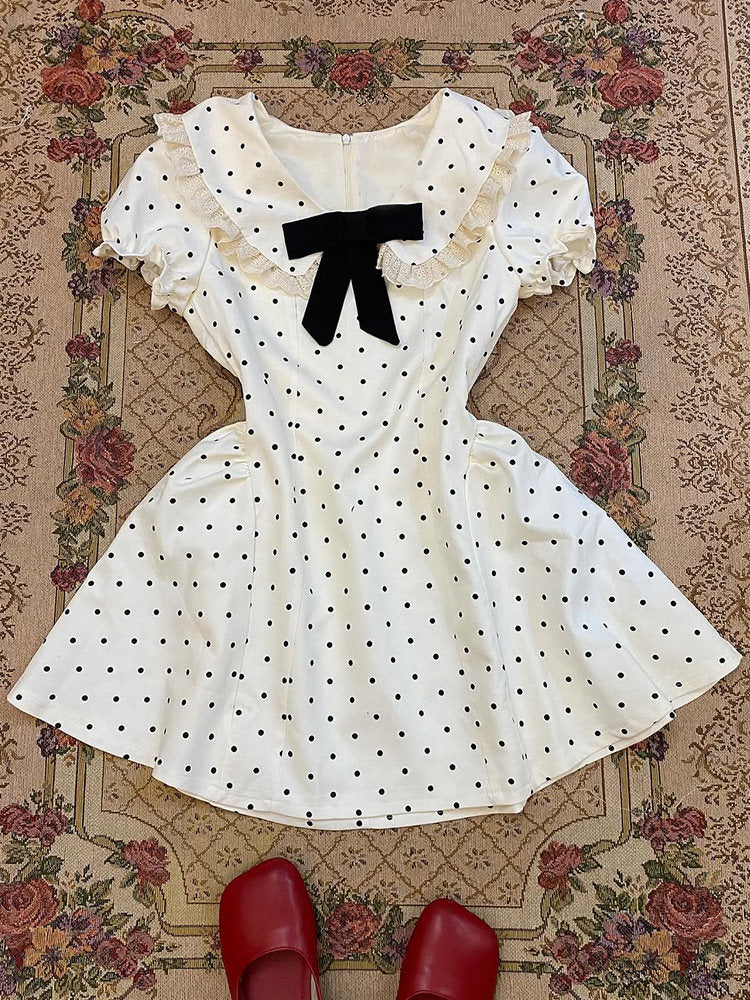 French white bow polka dot dress