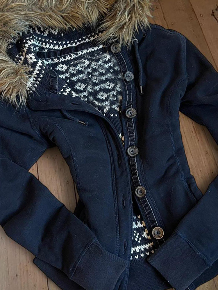 retro navy fur collar hooded jacket