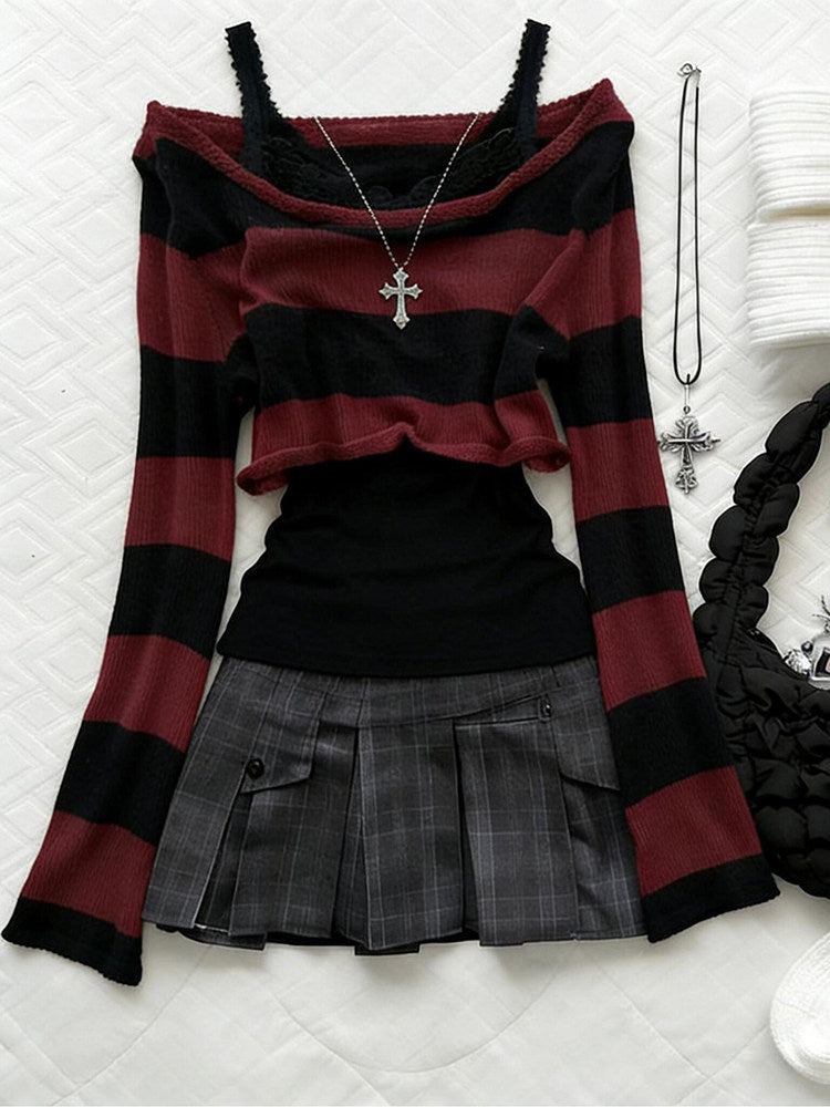 red plaid goth long-sleeved off-shoulder top