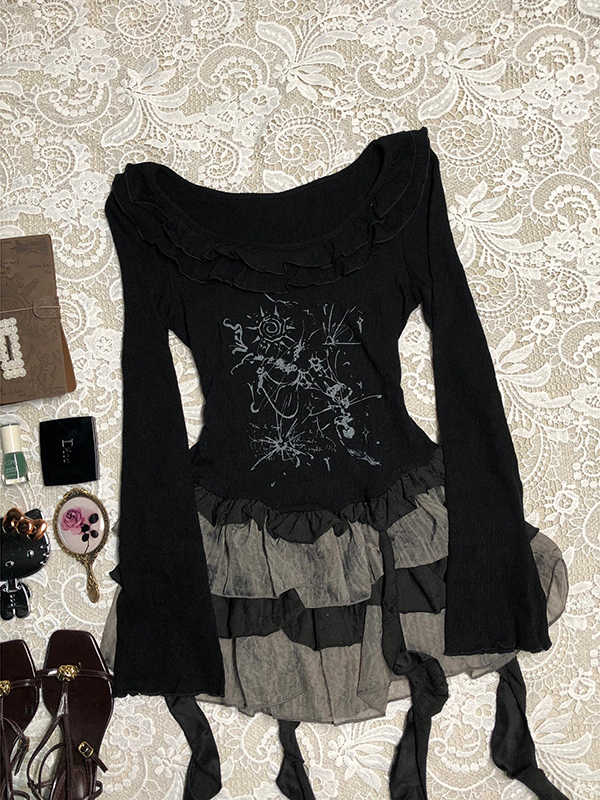 Black Patchwork Printed Long-sleeved Dress