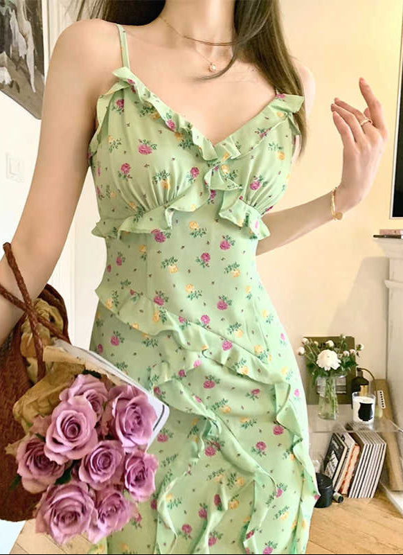 French Ruffled Suspender Floral Dress