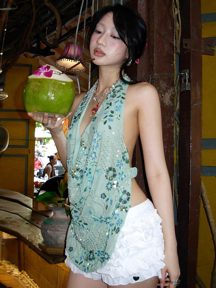 Forest Fairy Sequin Draped Halter Neck Camisole