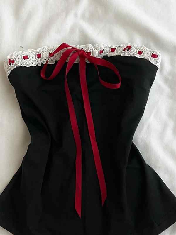Dark Coquette Red Bow Crop Top