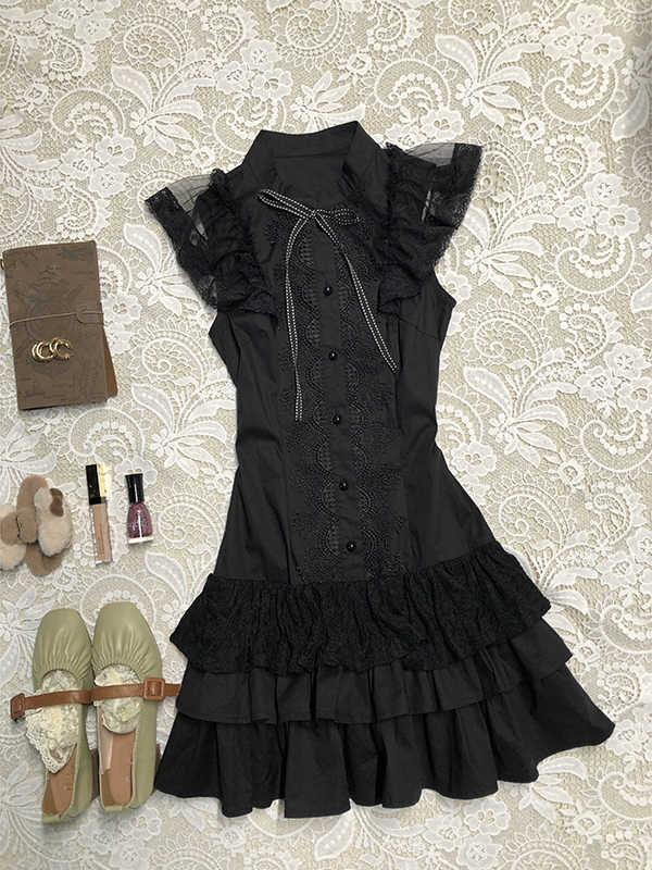 Dark Coquette Stand-up Collar Shirt Dress