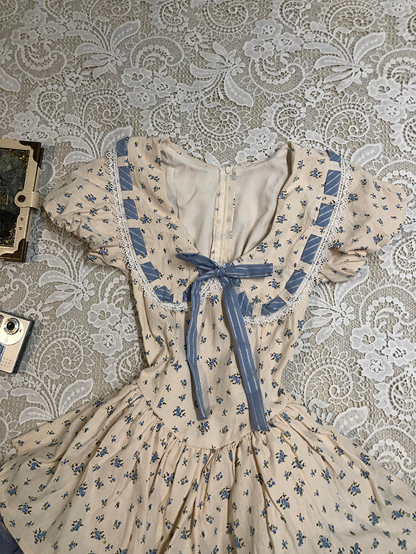 blue bow floral puff sleeve dress