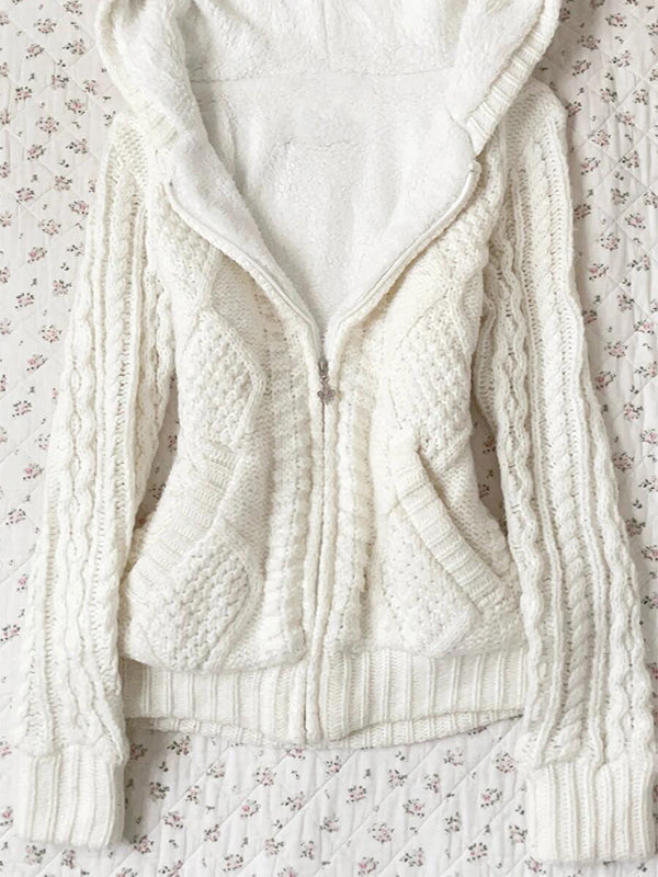 retro white hooded cardigan