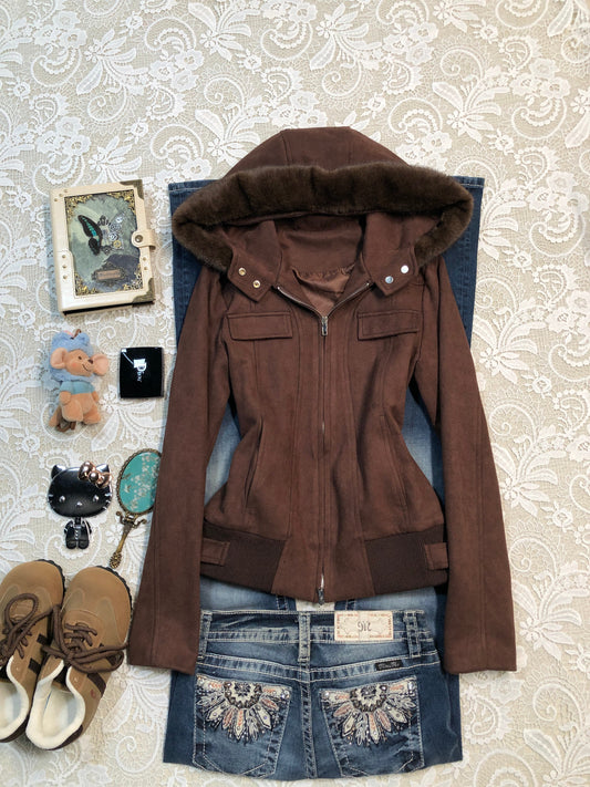 Maillard fur collar hooded short coat
