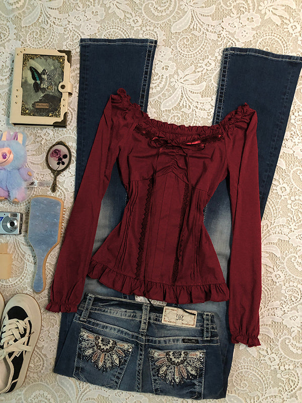 retro red lace bow strap long-sleeved top