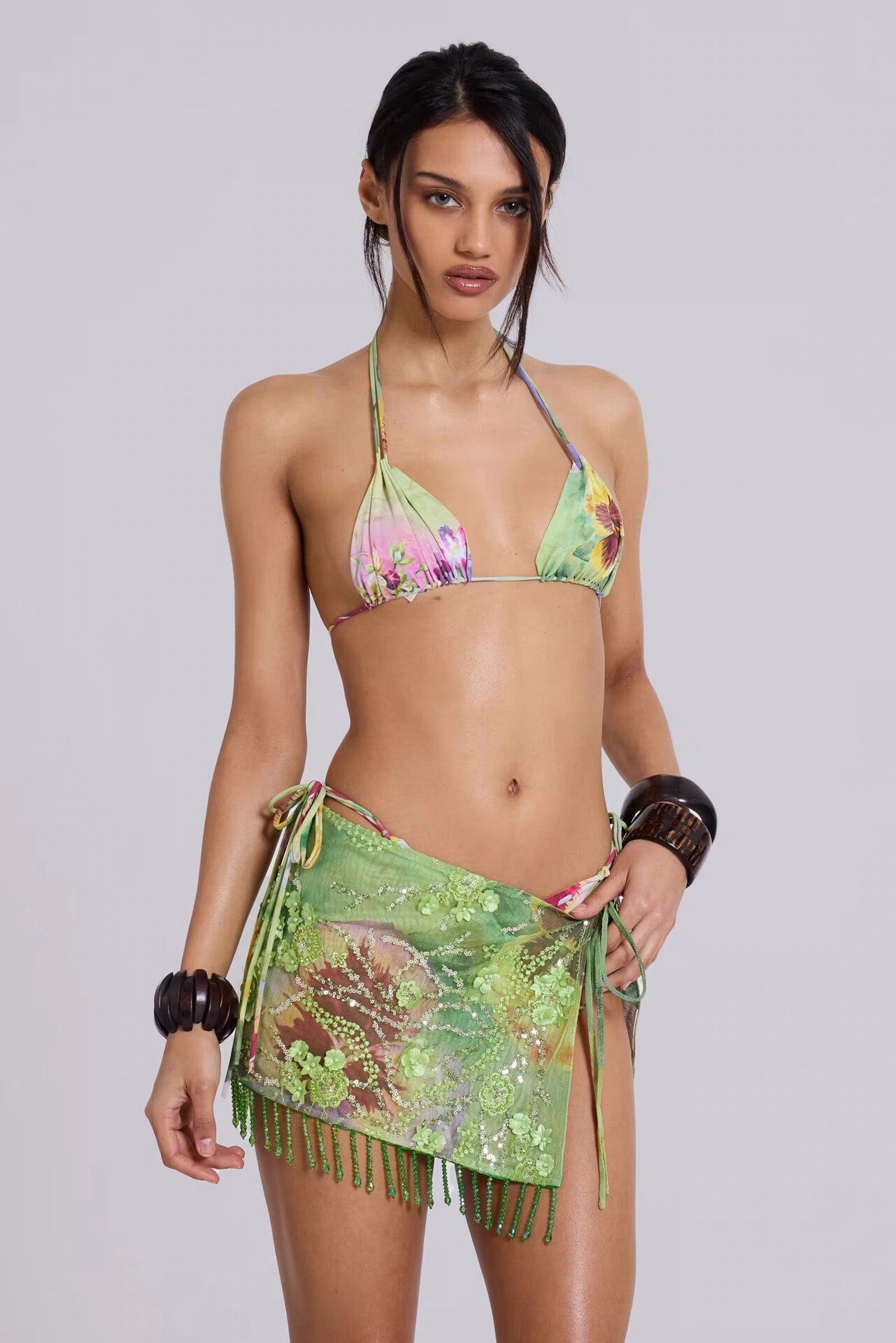 Floral Sequined Tie-Side Tassel Bikini Skirt