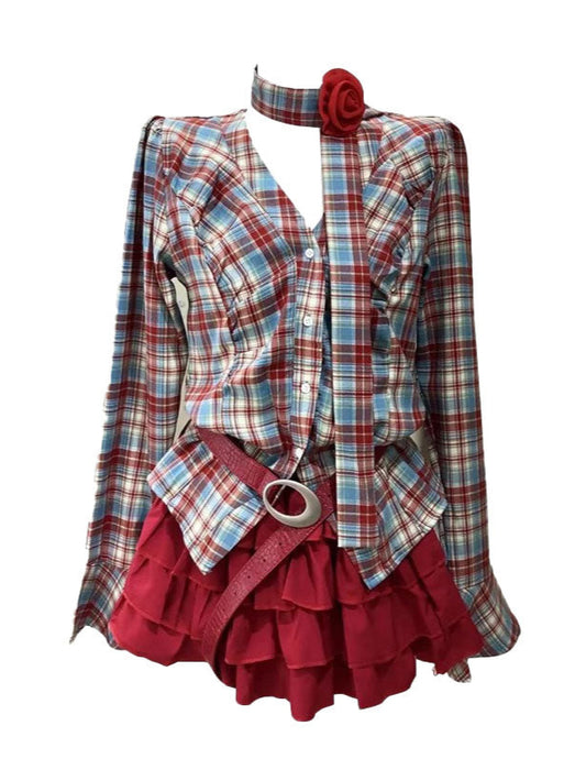 Retro Plaid V-neck Shirt Puffy Cake Skirt