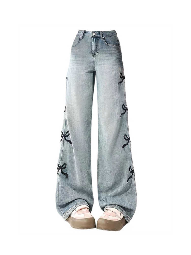 Embroidered Bow Bell Bottom Jeans