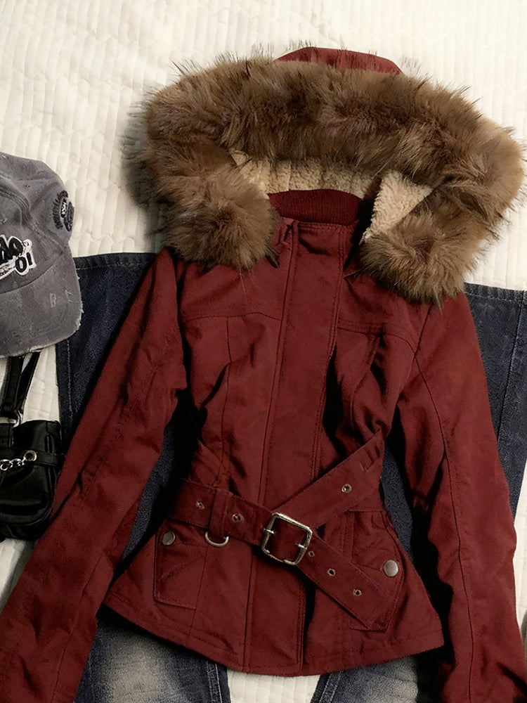 red retro fur hooded jacket