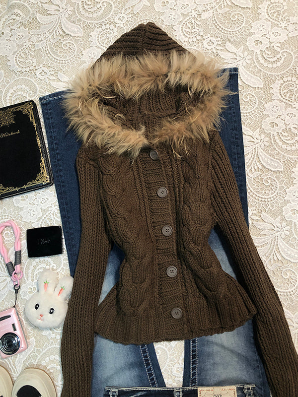 retro twist hooded knitted jacket