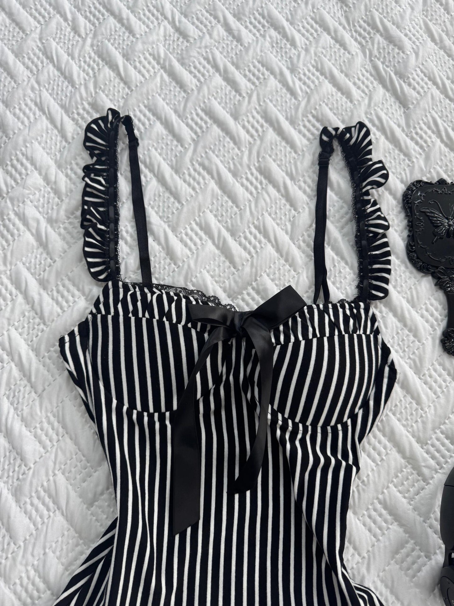 dark coquette Bow lace striped tank top