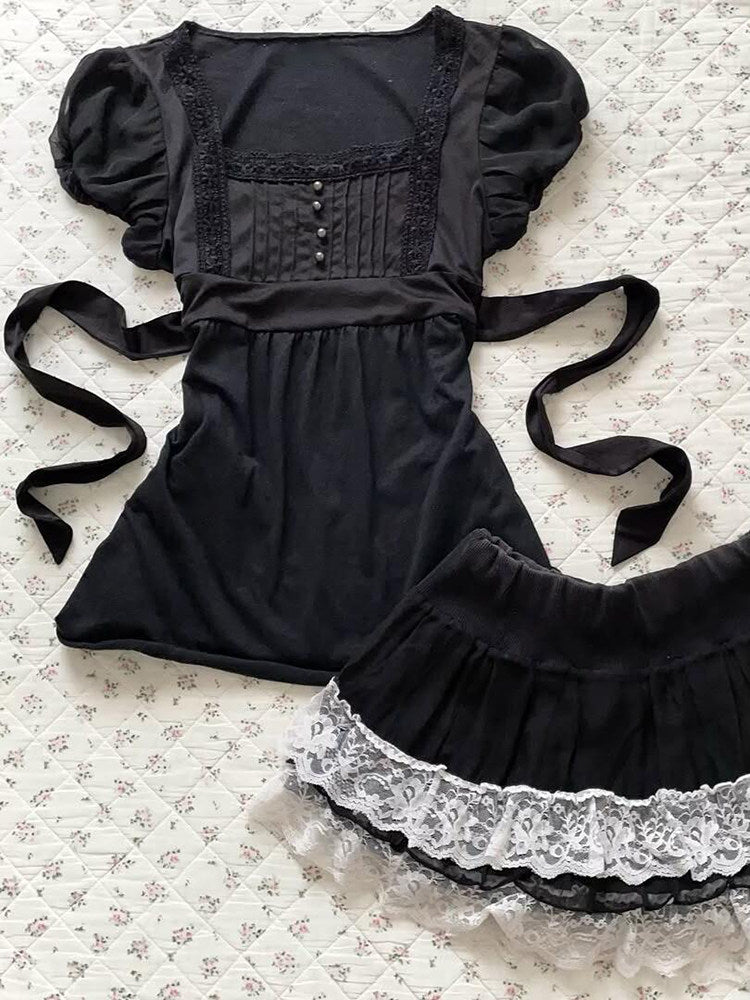 dark coquette bow lace shirt