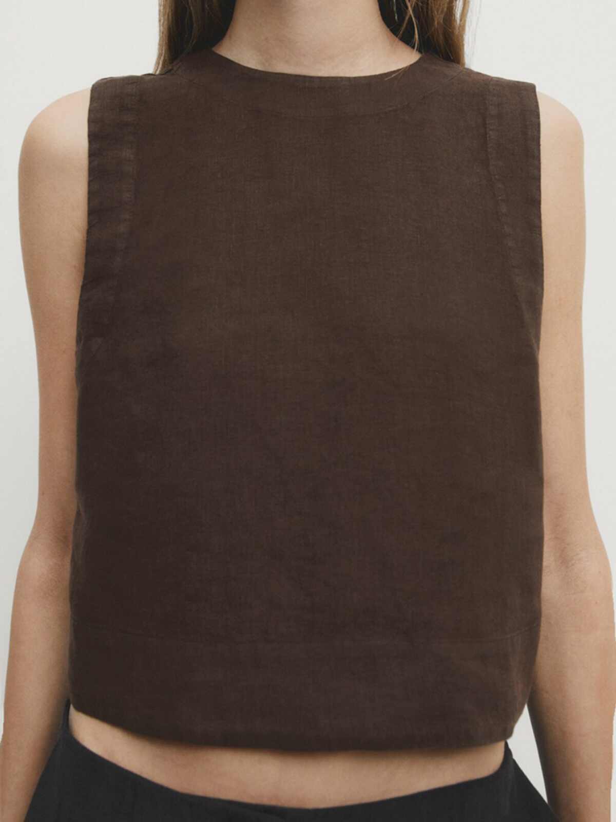 Brown Light Linen Crop Top