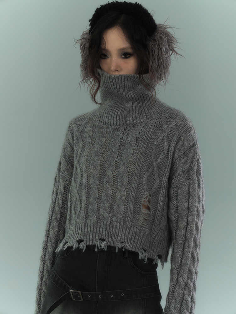 Grunge Twist Turtleneck Ripped Sweater