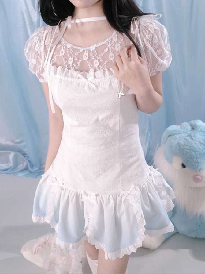 Jacquard Lace Mesh Puff-sleeve Top