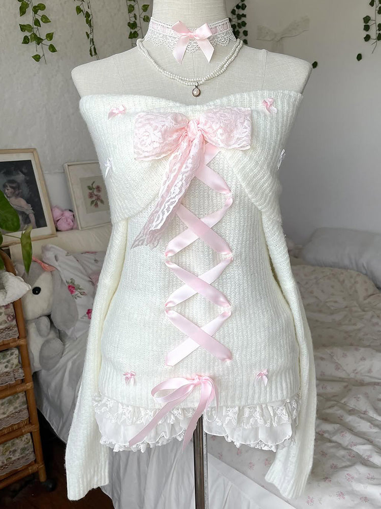 coquette strapped bow one-shoulder sweater