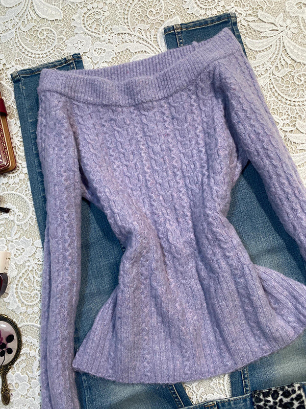 purple one-shoulder knitted sweater