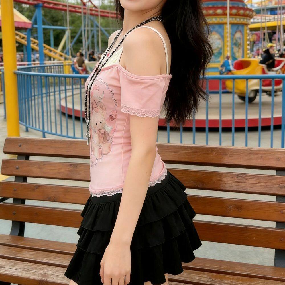 Y2K Teddy Bear Off-Shoulder Top