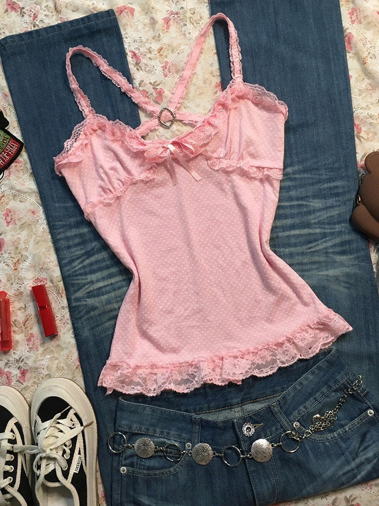 pink lace straps tank top