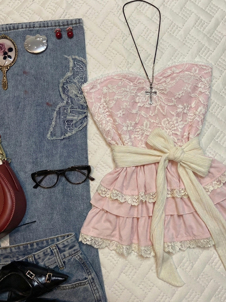 pink lace strap crop top