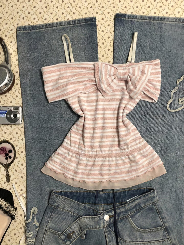 Pink Striped Sweet Off-Shoulder Top