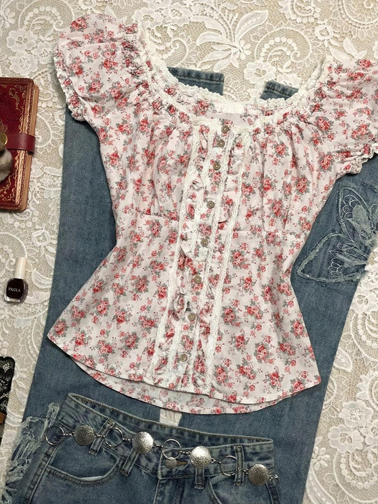 rose floral puff-sleeved shirt