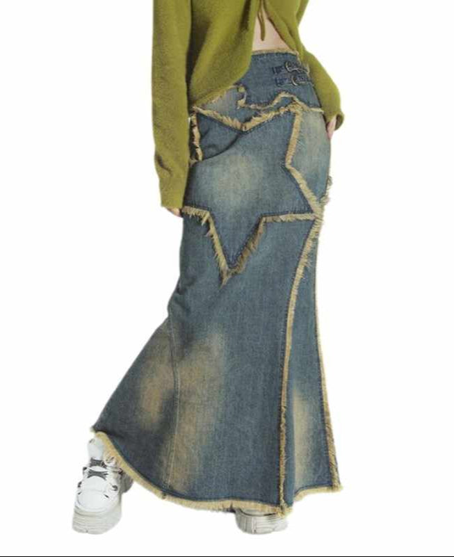 Y2K Vintage Star Maxi Denim Skirt