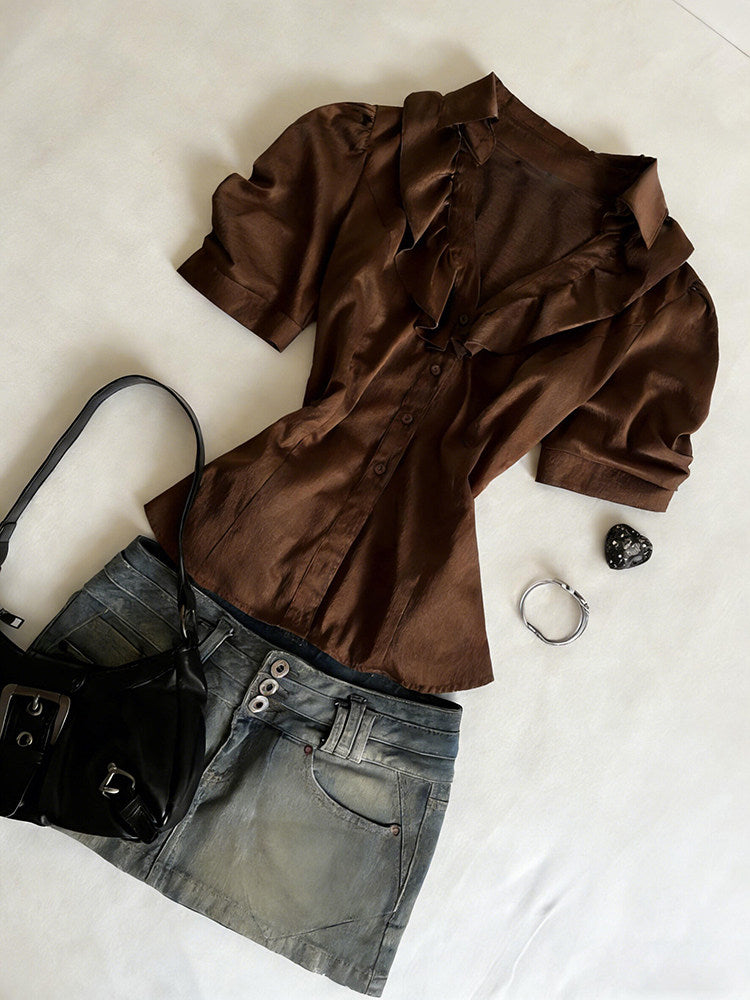 brown ruffled retro shirt
