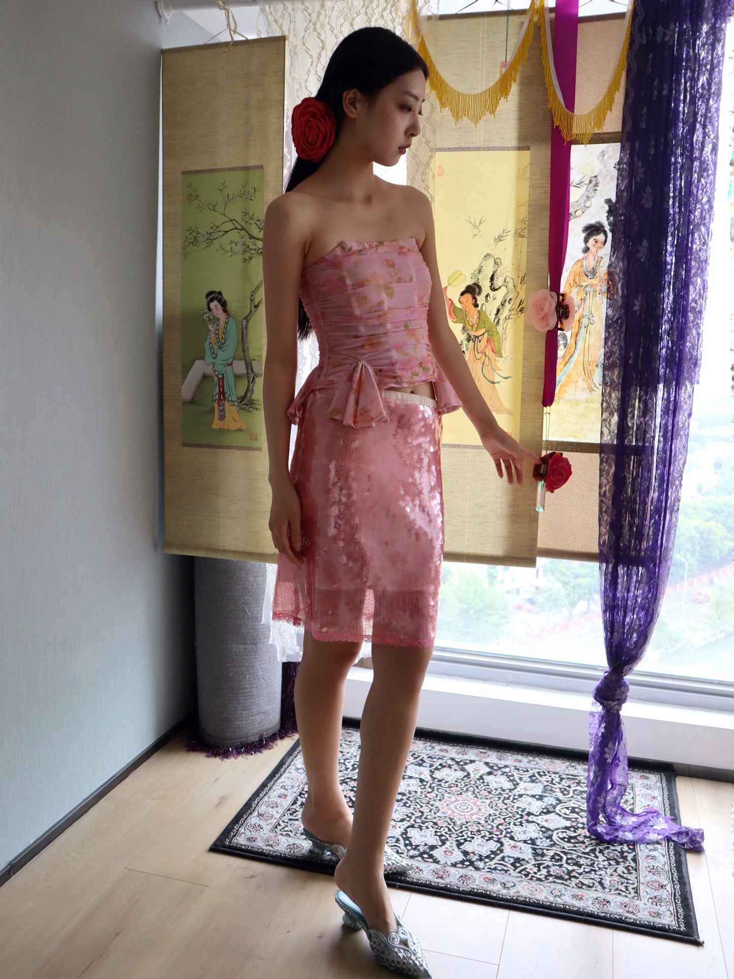Pink Sequined Lace Trim Skirt