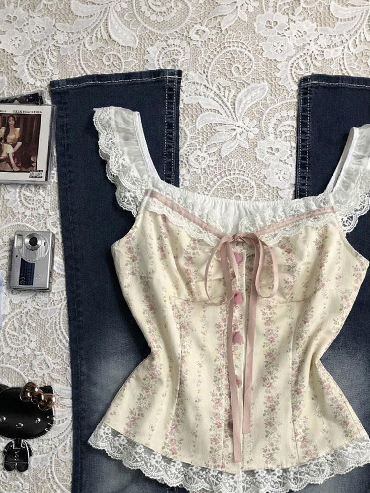 lace floral retro tank top