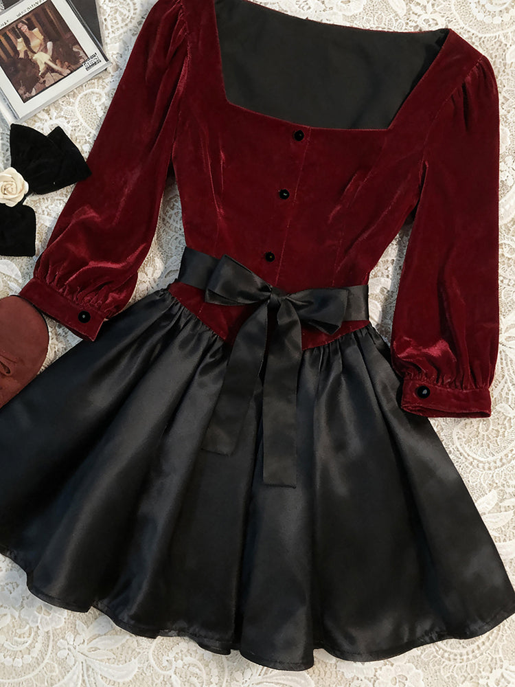 red retro elegant square neck dress