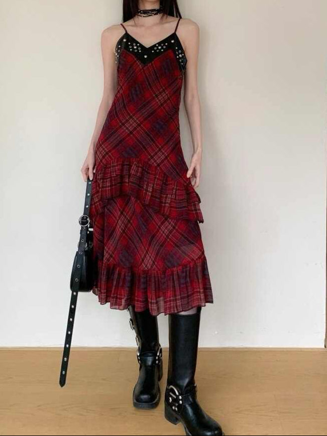 Goth Suspender Plaid Maxi Dark Coquette Dress