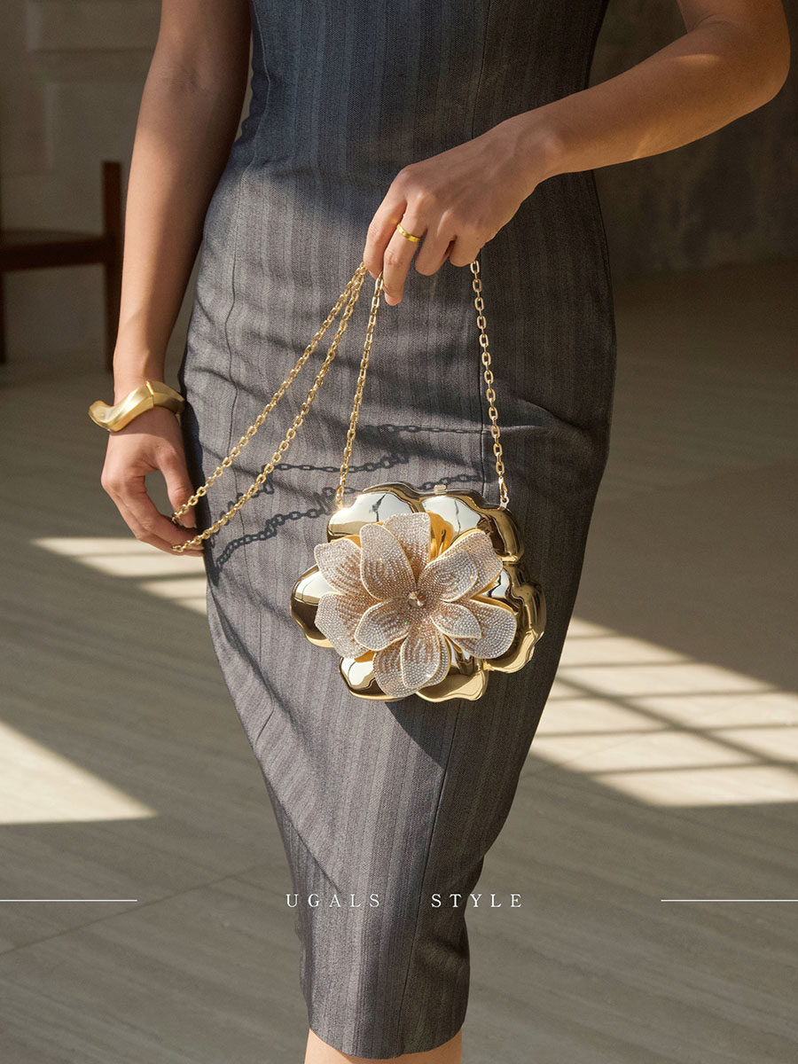 French-style Gold Rhinestone Flower Crossbody Bag