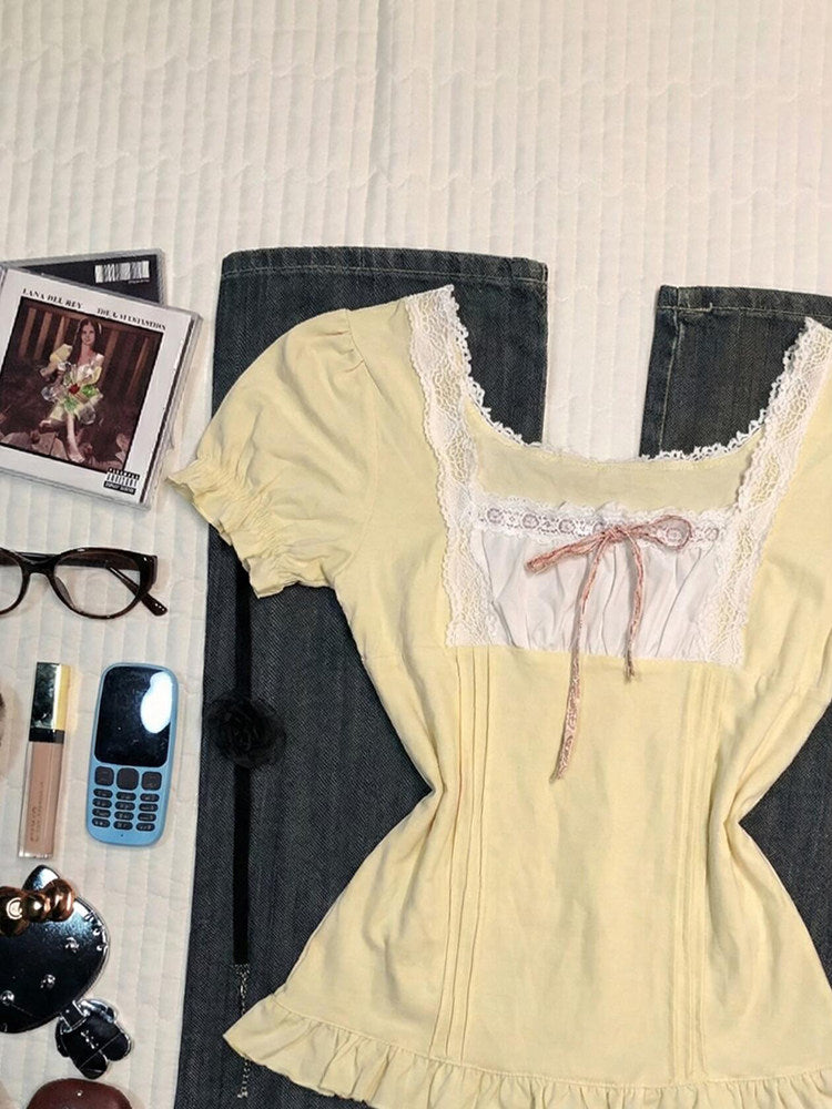 yellow lace bow shirt